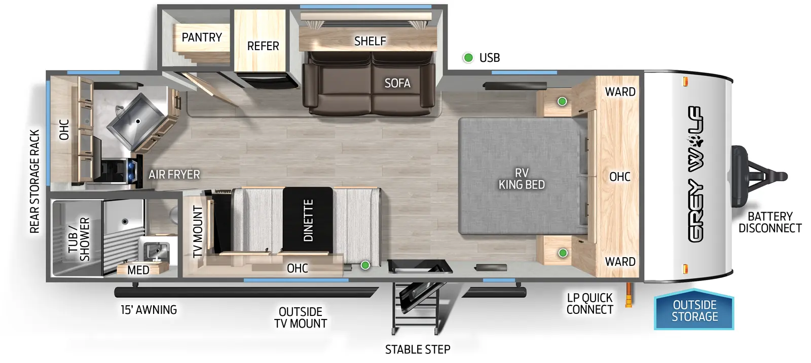 The Grey Wolf 22CE floorplan has one entry and one slide out. Exterior features include: metal exterior and 15' awning. Interiors features include: front bedroom.